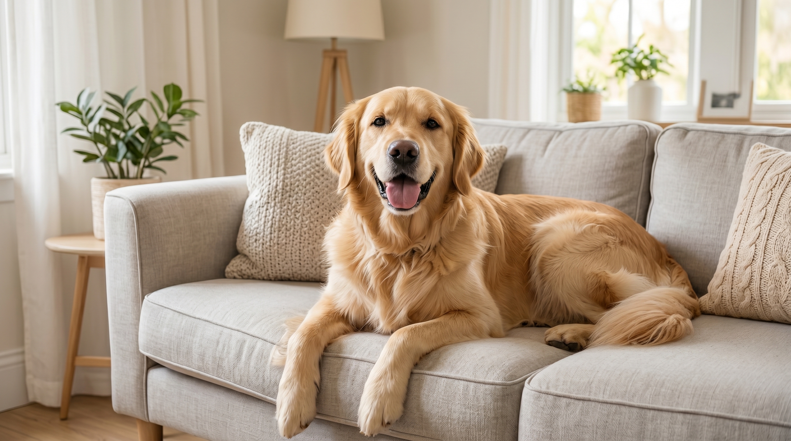 A relaxed golden retriever at home with a licensed Rogers Pets carer